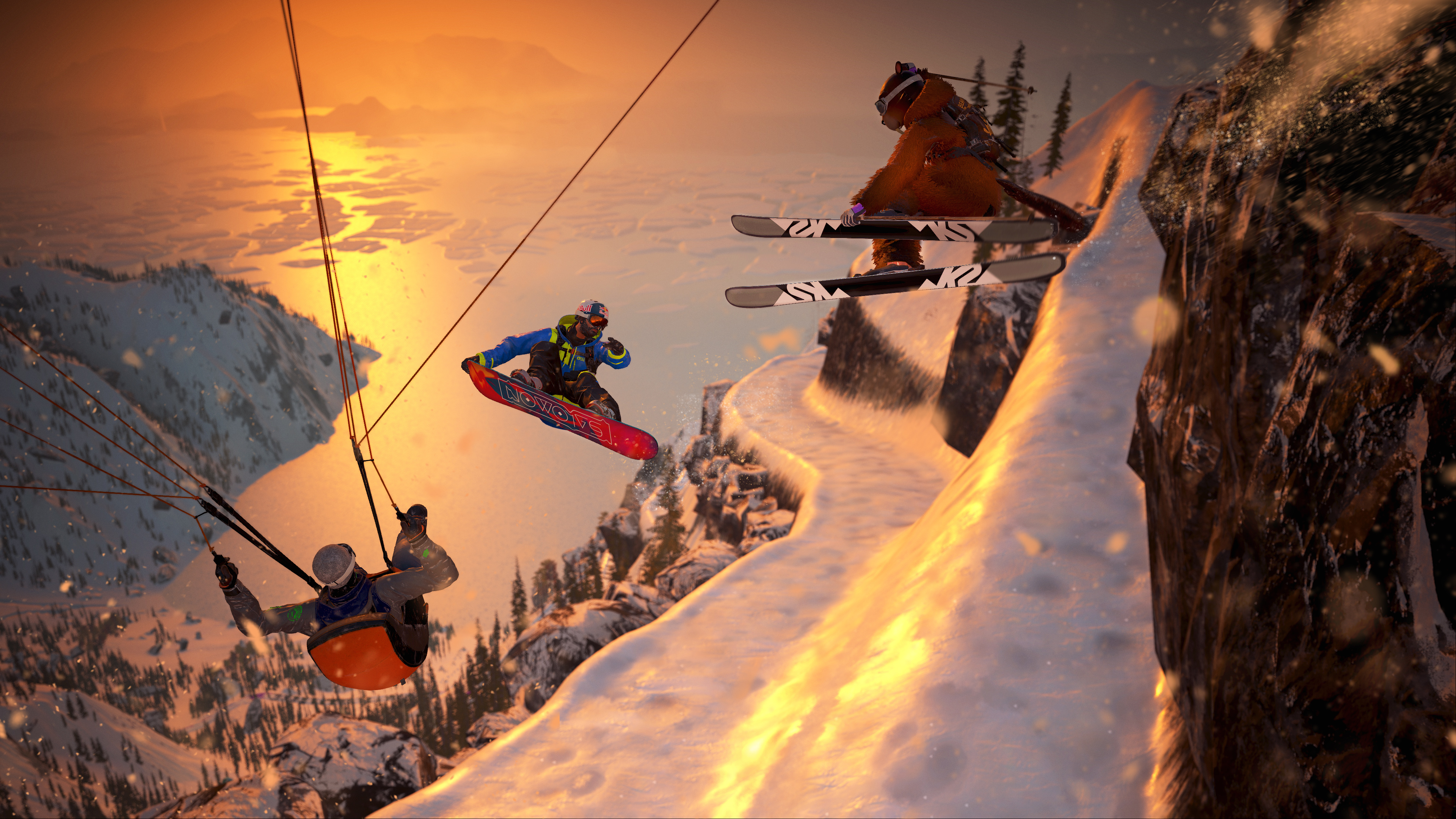 Skiing through a snowy mountain environment.